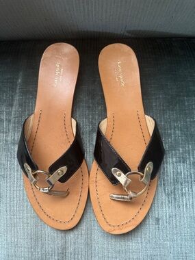 kate spade Black Patent Leather Slide Sandals with Gold Hardware